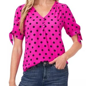 CeCe Hot Pink Women's Disco Dot Tie-Sleeve Short Sleeve Blouse size XL